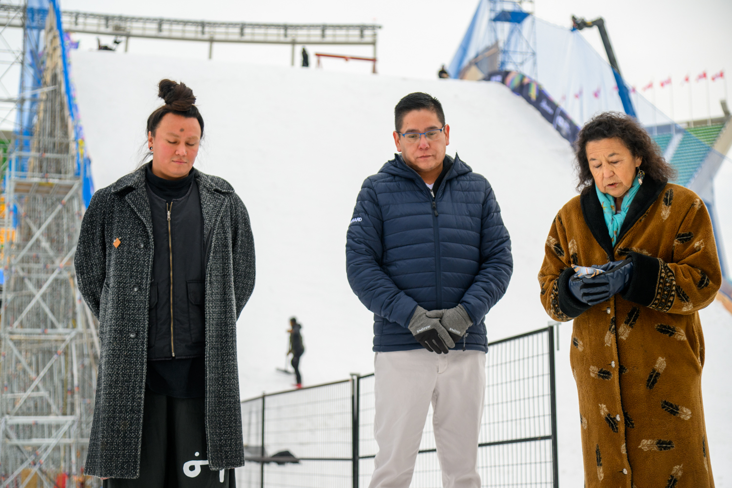 Dusty LeGrande, Rich Goodswimmer of Indigenous Sport Council of Alberta, and Elder Maria Camion at the Land Blessing Ceremony for The Style Experience